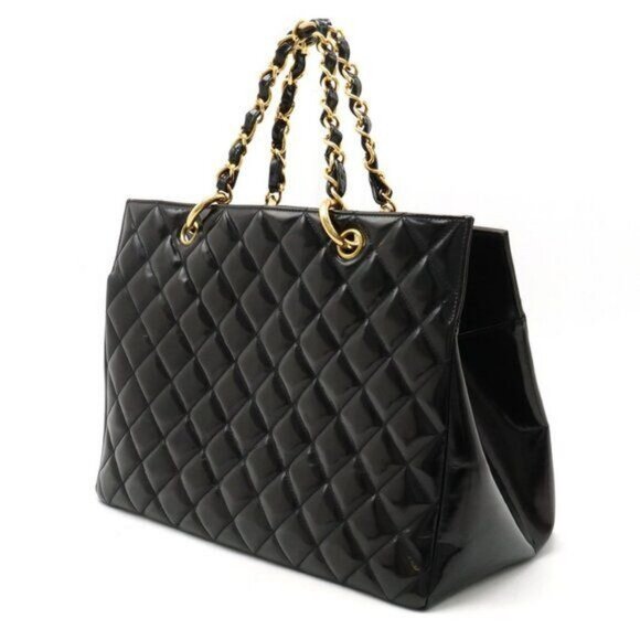 CHANEL CC Patent Shopping Tote Quilted Chain Shoulder Bag Gold Purse - Picture 4 of 16
